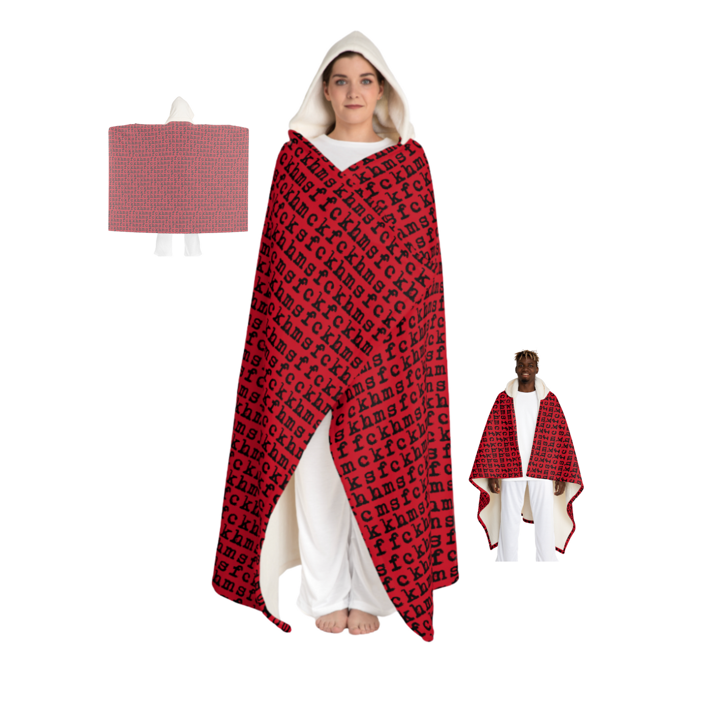 Red Unique, Plush, Sherpa HOODIE comforter with blazing FCKHMS pattern