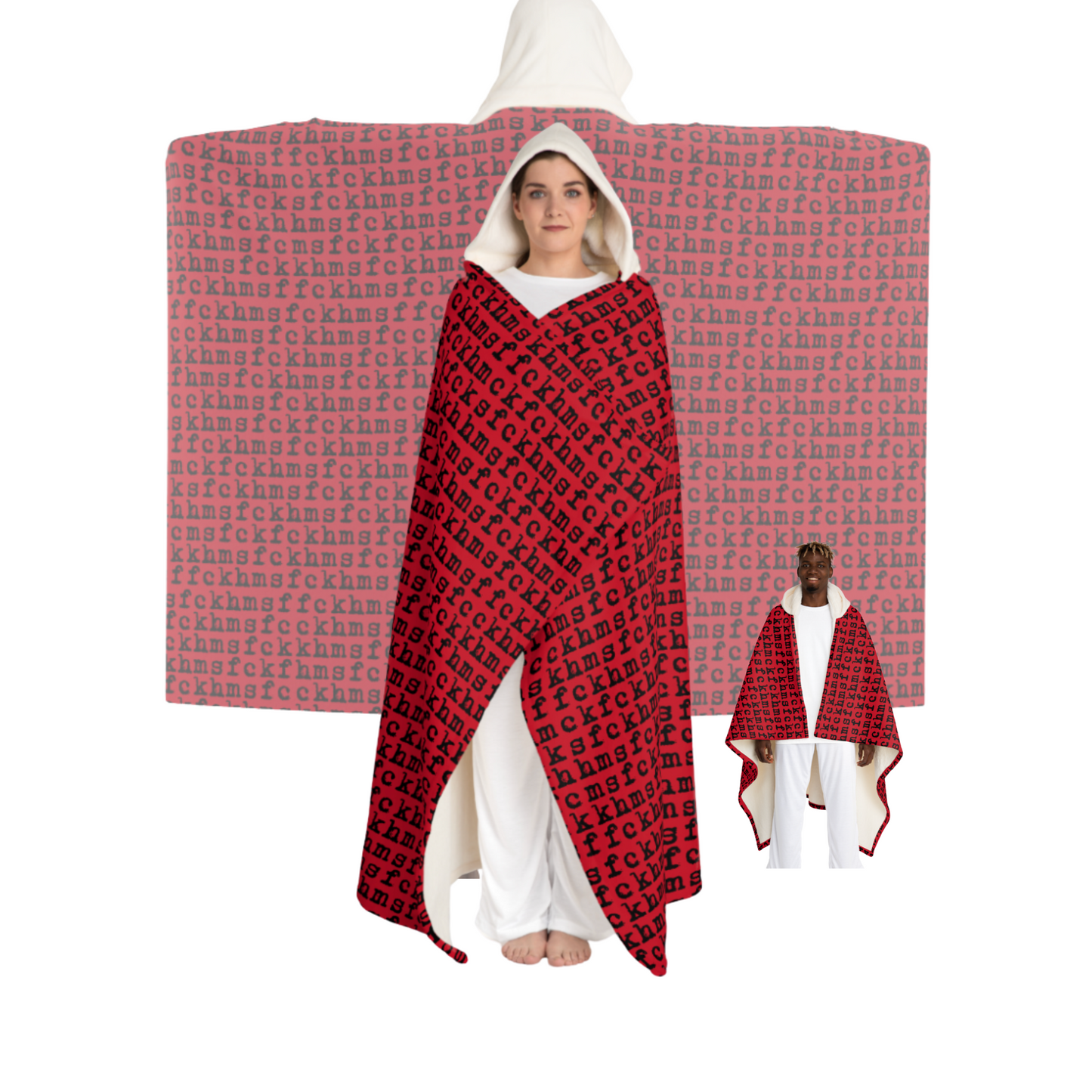 Red Unique, Plush, Sherpa HOODIE comforter with blazing FCKHMS pattern
